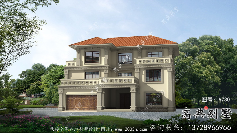 三層簡歐帶車庫農村自建別墅設計效果圖紙