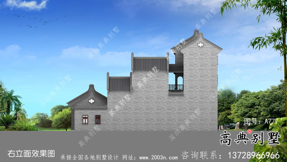 新中式仿古豪華四層別墅外觀效果圖