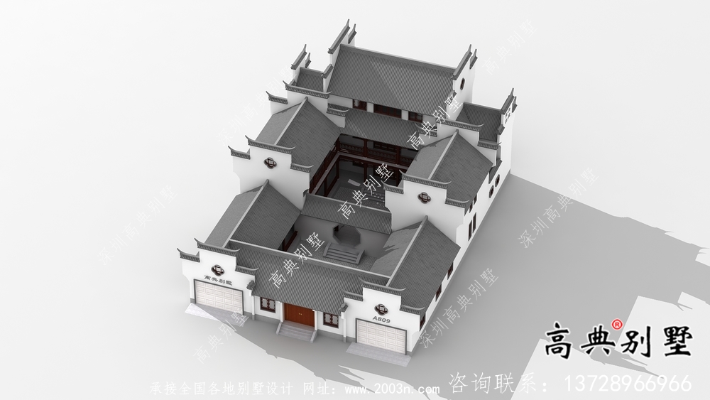 傳統(tǒng)中式三層徽派別墅設計外觀圖