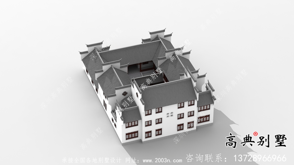 傳統(tǒng)中式三層徽派別墅設計外觀圖