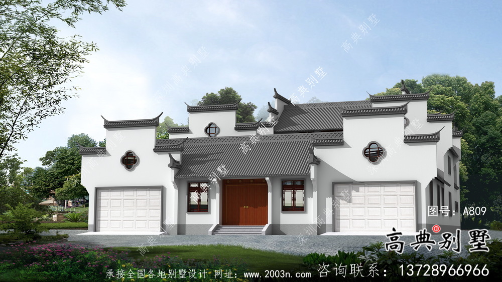 傳統(tǒng)中式三層徽派別墅設計外觀圖