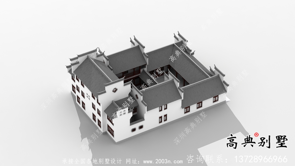 傳統(tǒng)中式三層徽派別墅設計外觀圖