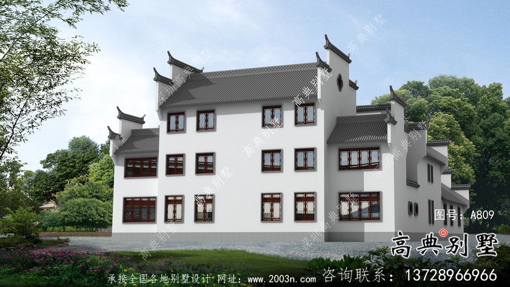 傳統(tǒng)中式三層徽派別墅設計外觀圖