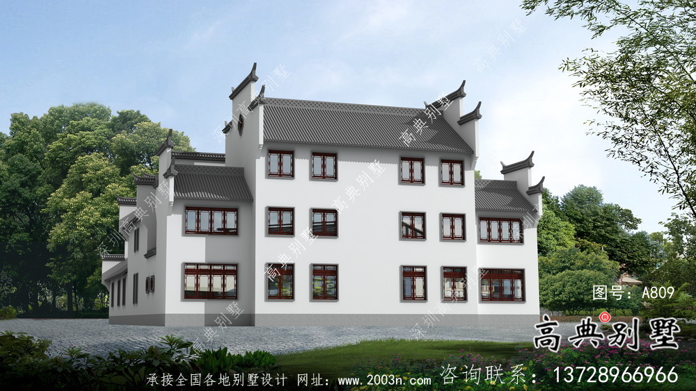 傳統(tǒng)中式三層徽派別墅設計外觀圖