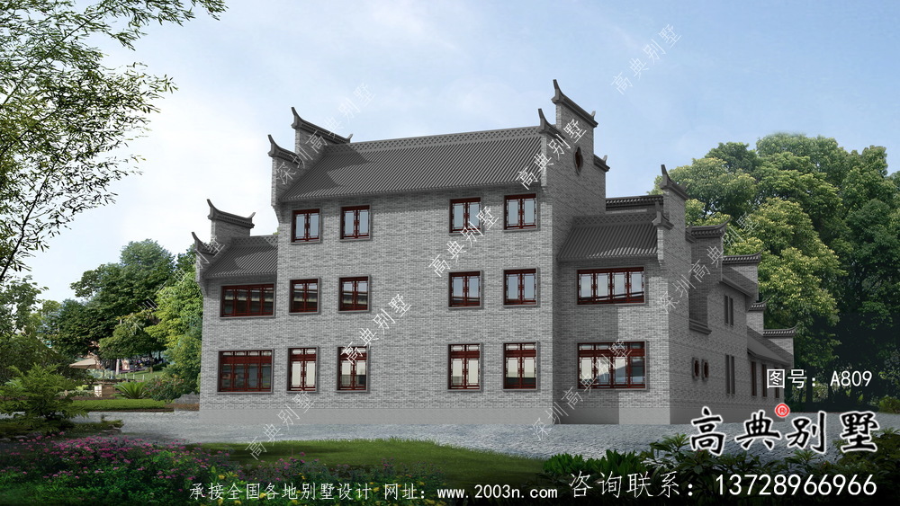 傳統(tǒng)中式三層徽派別墅設計外觀圖