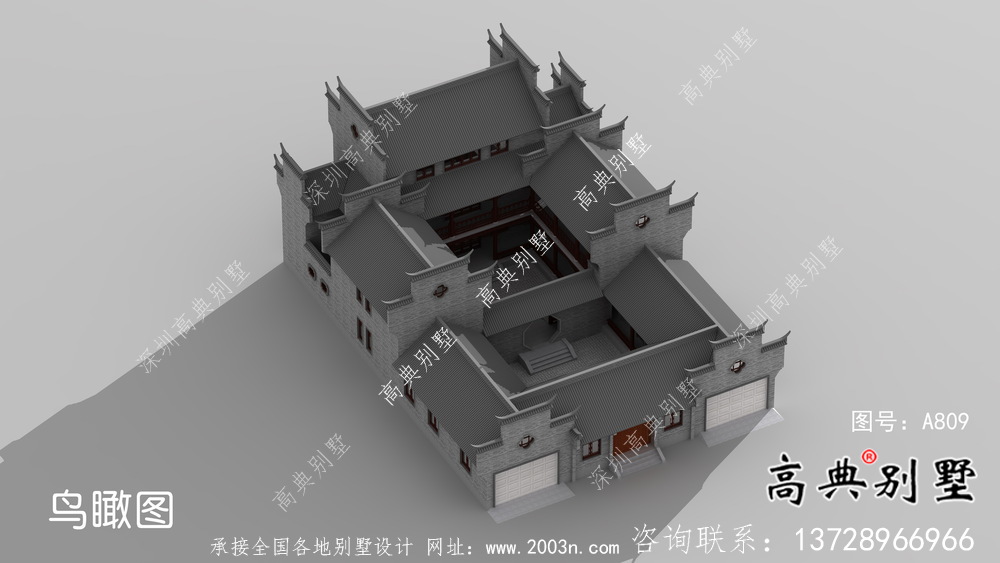 傳統(tǒng)中式三層徽派別墅設計外觀圖