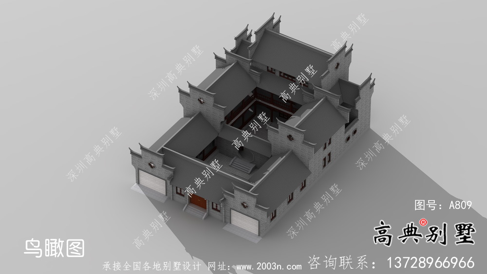傳統(tǒng)中式三層徽派別墅設計外觀圖