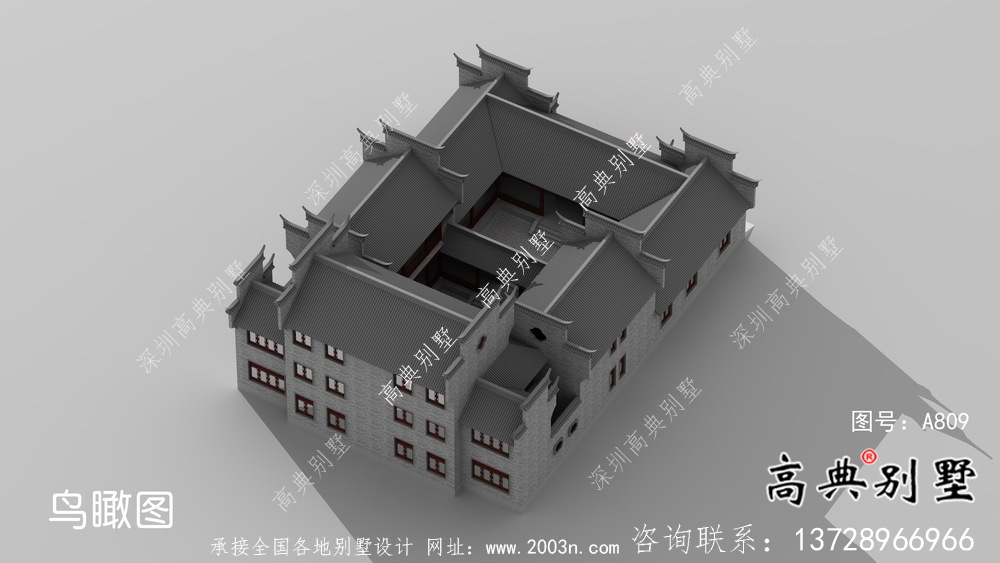 傳統(tǒng)中式三層徽派別墅設計外觀圖