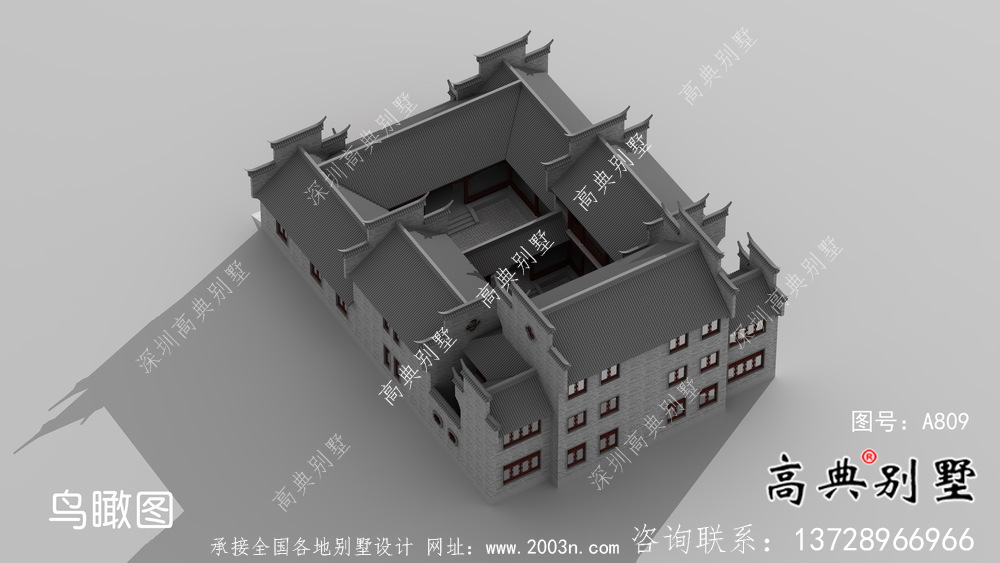 傳統(tǒng)中式三層徽派別墅設計外觀圖