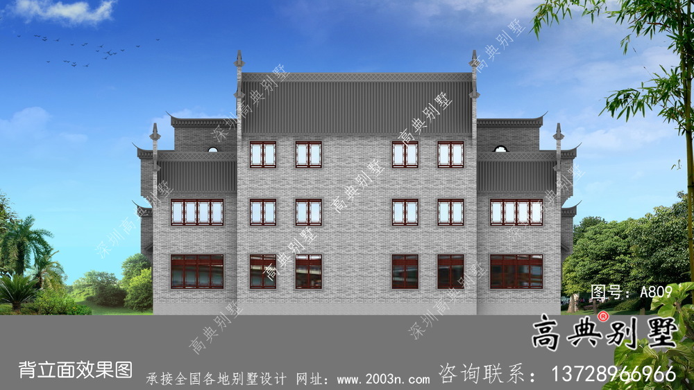 傳統(tǒng)中式三層徽派別墅設計外觀圖