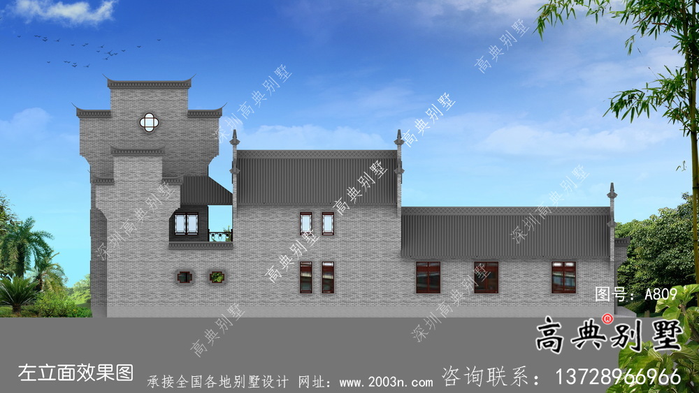 傳統(tǒng)中式三層徽派別墅設計外觀圖