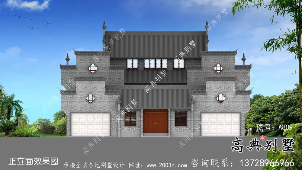 傳統(tǒng)中式三層徽派別墅設計外觀圖
