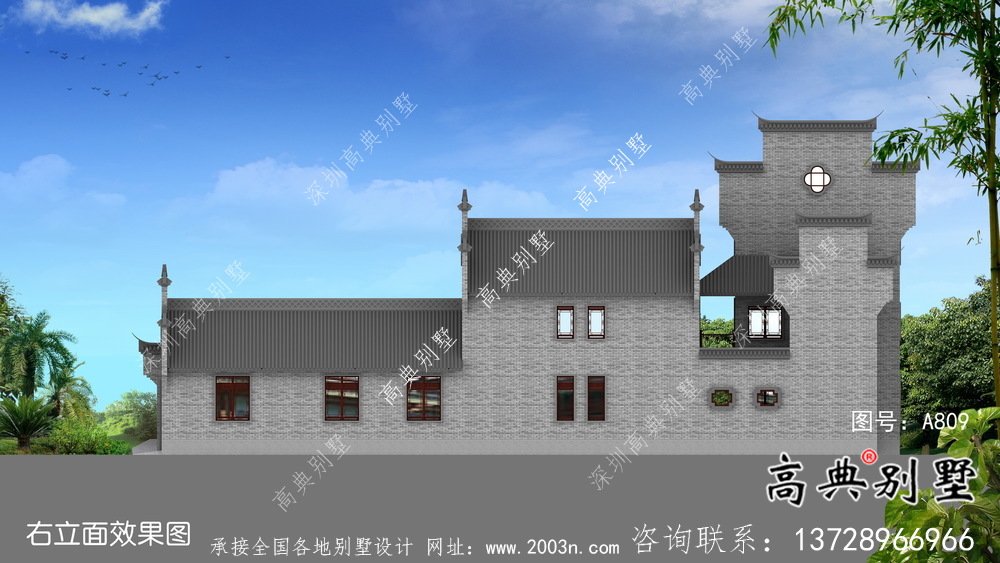 傳統(tǒng)中式三層徽派別墅設計外觀圖