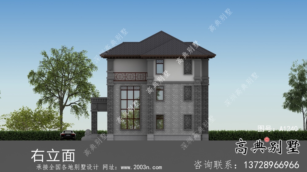 三層鄉村新中式雙拼住宅設計圖