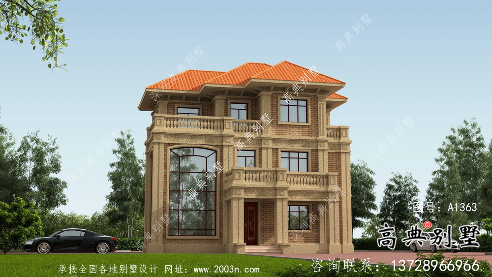 豪華三層復式帶露臺的歐式風格別墅建筑設計