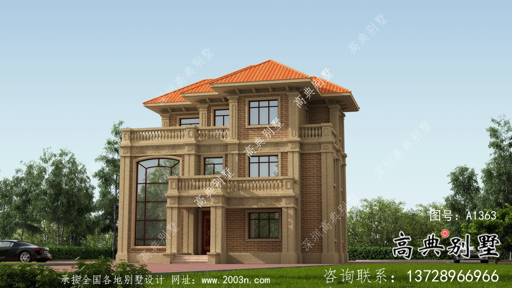 豪華三層復式帶露臺的歐式風格別墅建筑設計