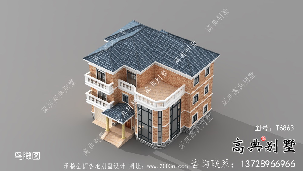 外觀簡易三層中小型房屋設計圖，效果圖