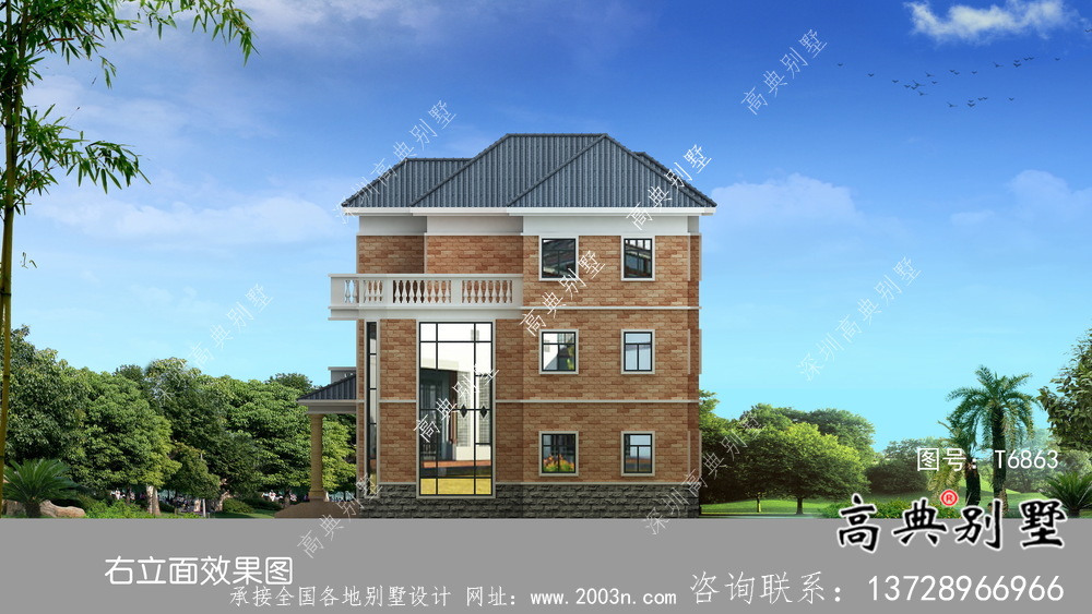 外觀簡易三層中小型房屋設計圖，效果圖