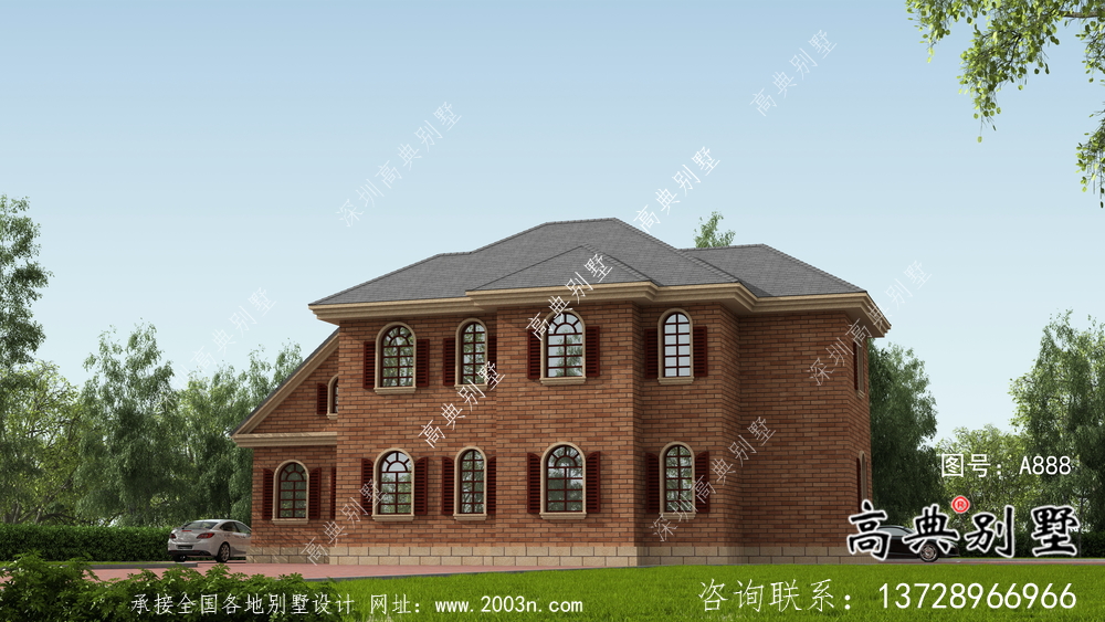 美式風(fēng)格含車庫(kù)洋氣別墅設(shè)計(jì)圖（效果圖）