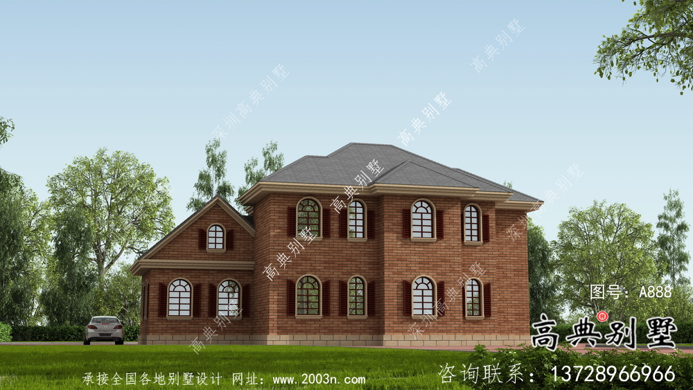美式風(fēng)格含車庫(kù)洋氣別墅設(shè)計(jì)圖（效果圖）