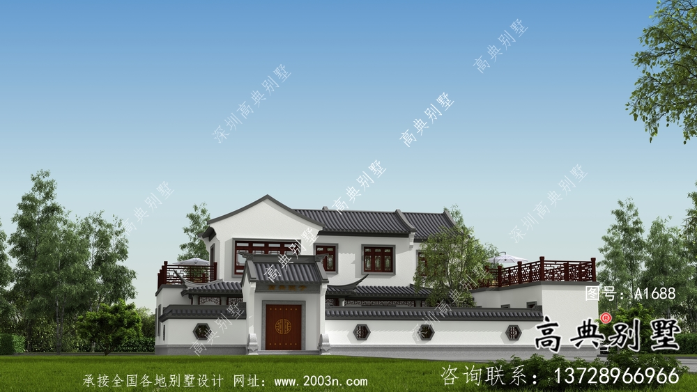 農村新中式二層庭院別墅設計圖紙及效果圖