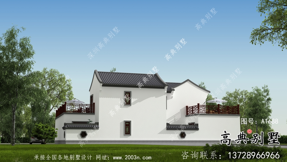 農村新中式二層庭院別墅設計圖紙及效果圖
