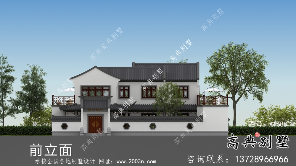 農村新中式二層庭院別墅設計圖紙及效果圖