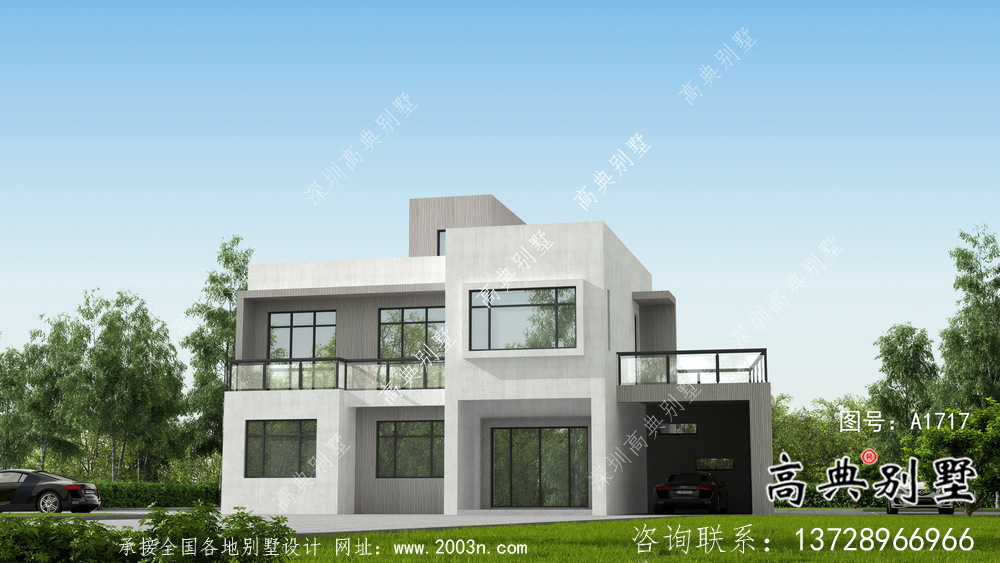 現(xiàn)代平頂二層別墅設(shè)計(jì)圖紙及效果圖