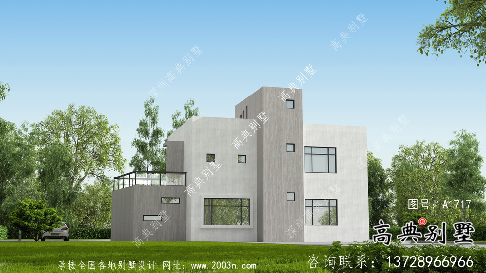 現(xiàn)代平頂二層別墅設(shè)計(jì)圖紙及效果圖
