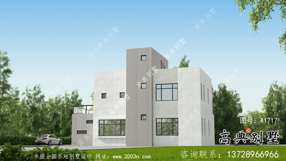 現(xiàn)代平頂二層別墅設(shè)計(jì)圖紙及效果圖