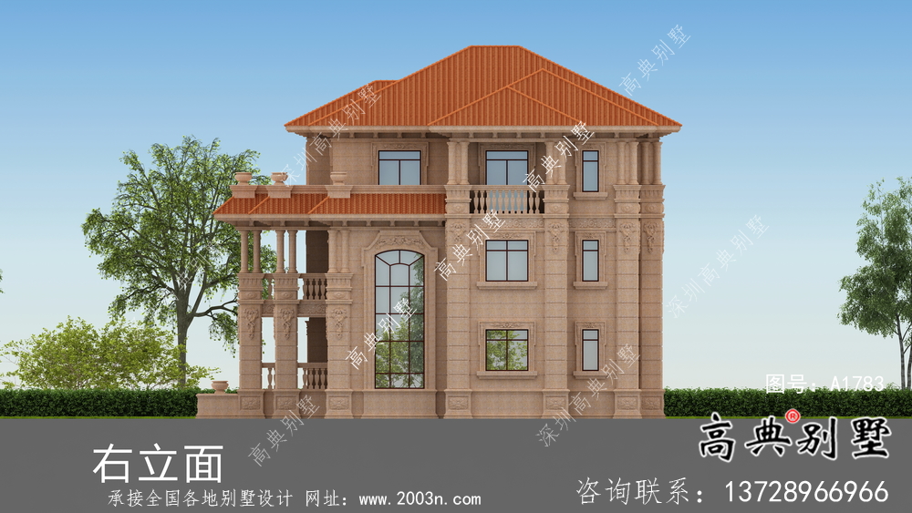 歐式石材三層雙拼別墅設計圖紙