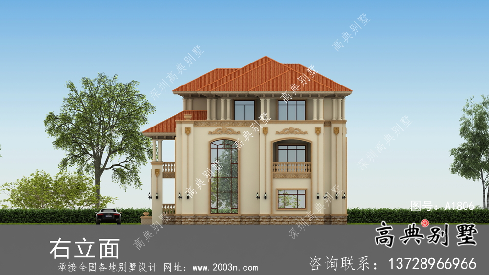 歐式風格復式三層別墅外觀設計圖紙