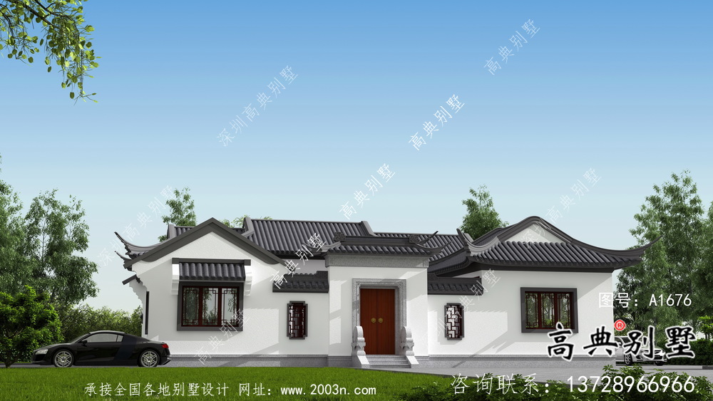 單層坡屋頂中式別墅，蘇式園林別墅效果圖