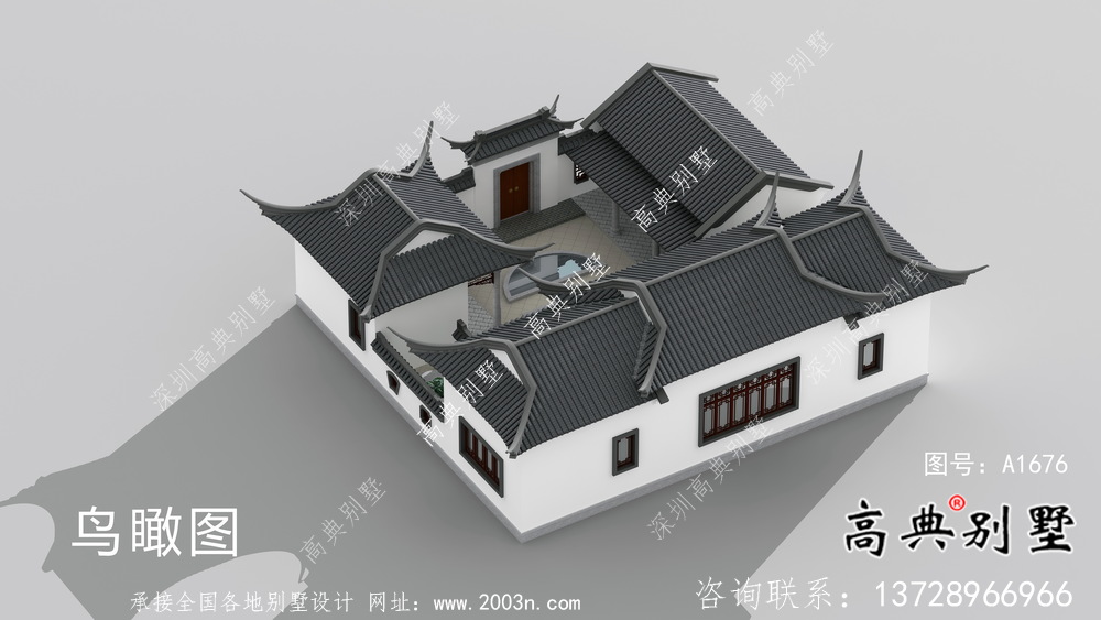 單層坡屋頂中式別墅，蘇式園林別墅效果圖