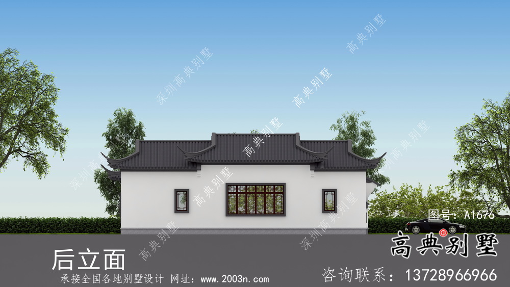 單層坡屋頂中式別墅，蘇式園林別墅效果圖