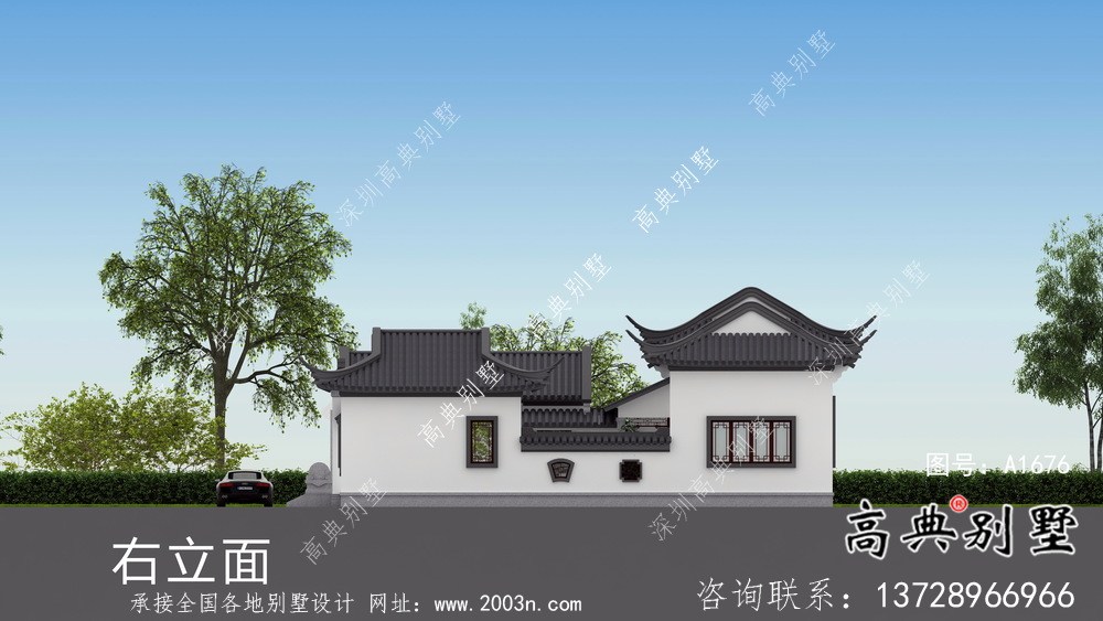 單層坡屋頂中式別墅，蘇式園林別墅效果圖