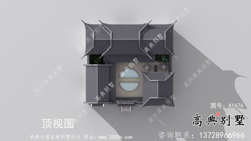 單層坡屋頂中式別墅，蘇式園林別墅效果圖