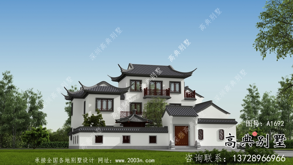 鄉村三層新中式別墅帶庭院設計效果圖