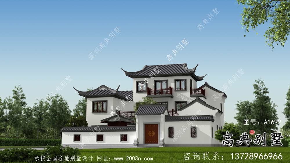 鄉村三層新中式別墅帶庭院設計效果圖