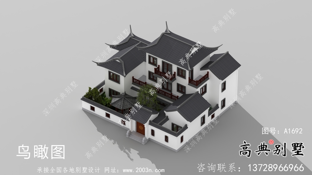 鄉村三層新中式別墅帶庭院設計效果圖