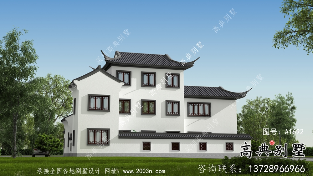 鄉村三層新中式別墅帶庭院設計效果圖