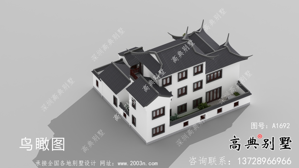 鄉村三層新中式別墅帶庭院設計效果圖