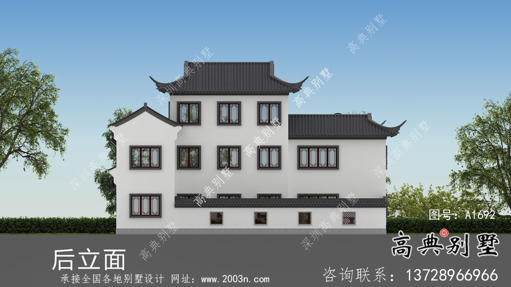 鄉村三層新中式別墅帶庭院設計效果圖