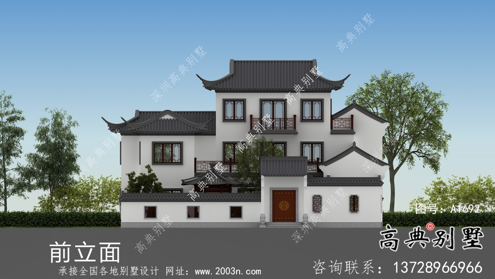 鄉村三層新中式別墅帶庭院設計效果圖
