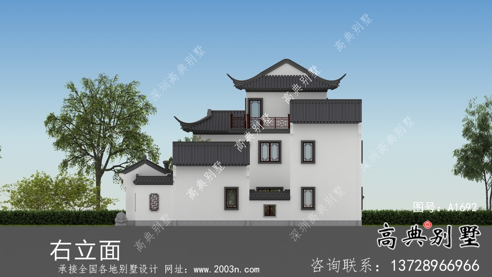 鄉村三層新中式別墅帶庭院設計效果圖