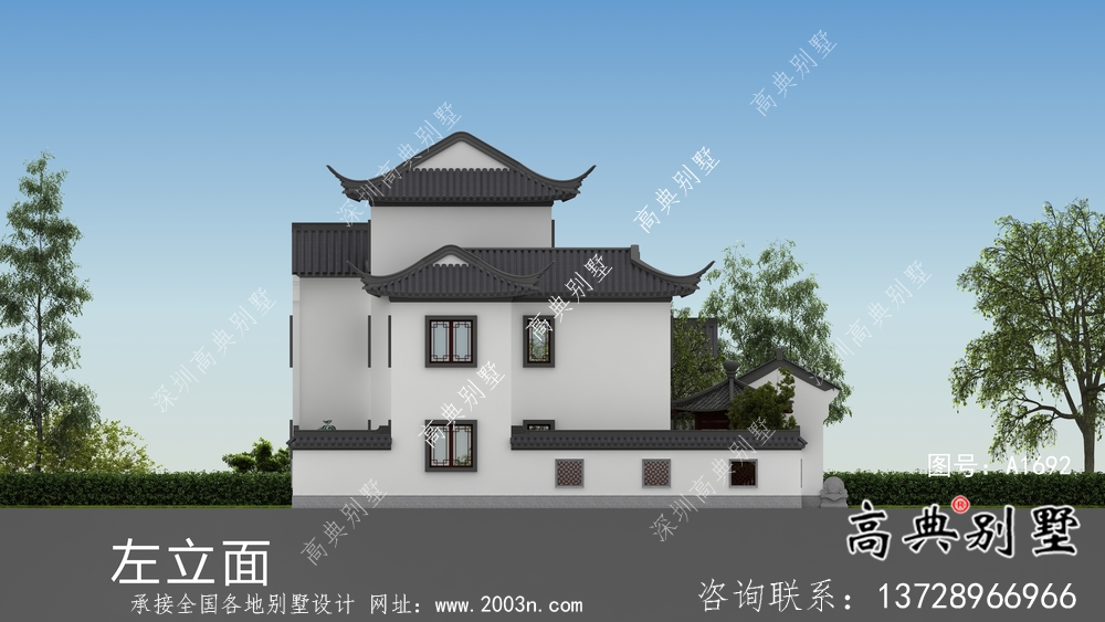 鄉村三層新中式別墅帶庭院設計效果圖
