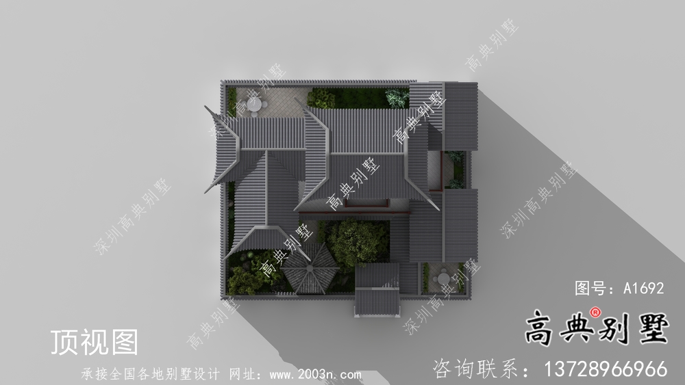 鄉村三層新中式別墅帶庭院設計效果圖