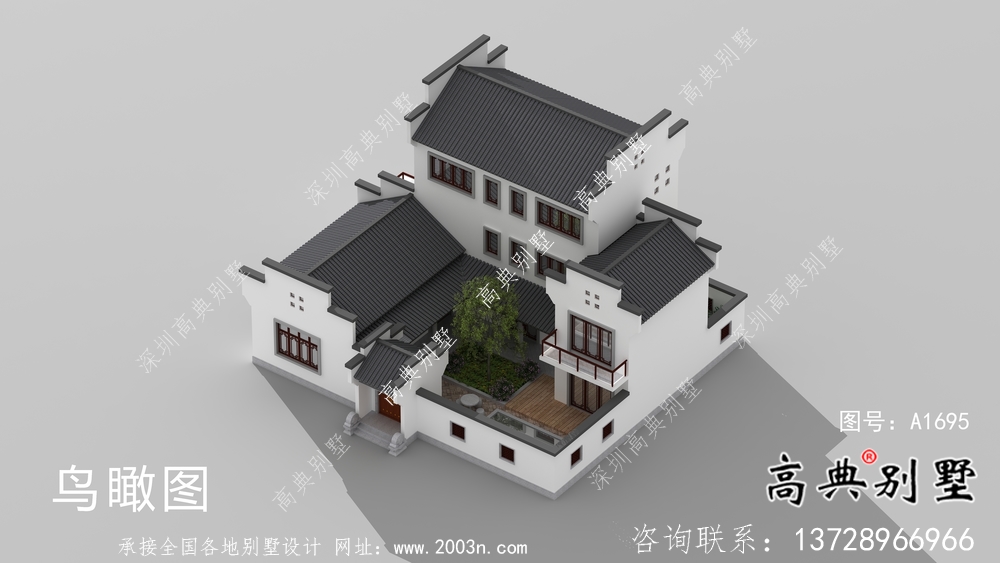 帶前后院經濟型農村三層徽派別墅設計圖