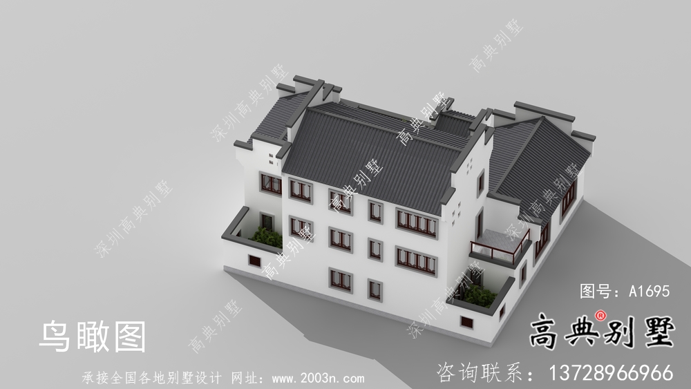 帶前后院經濟型農村三層徽派別墅設計圖
