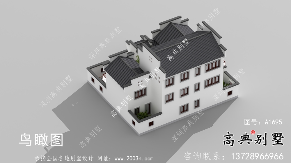 帶前后院經濟型農村三層徽派別墅設計圖